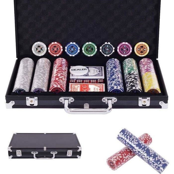Set Poker 300 Jetons Laser 12g Noyau Métal + Étui Alu Noir – 2 Decks, Dealer, Blinds & Dés