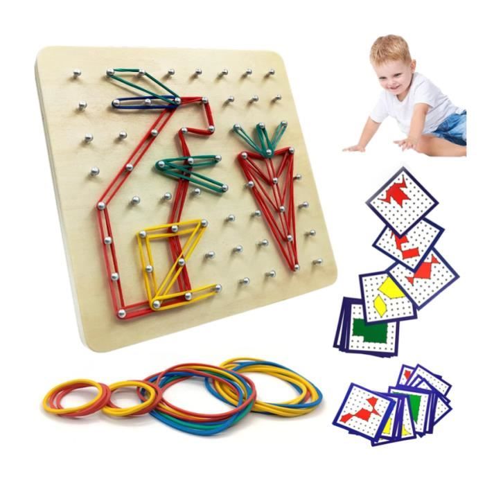 Jouet en Bois Puzzle avec Cartes de Motifs et Rubber Band, 8x8 Épingles  Pegboard Jeu Maternelle Forme Puzzle Learning Ressources
