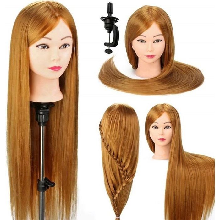 60cm Têtes à Coiffer avec de Long Cheveux Synthetiques Marron avec Support