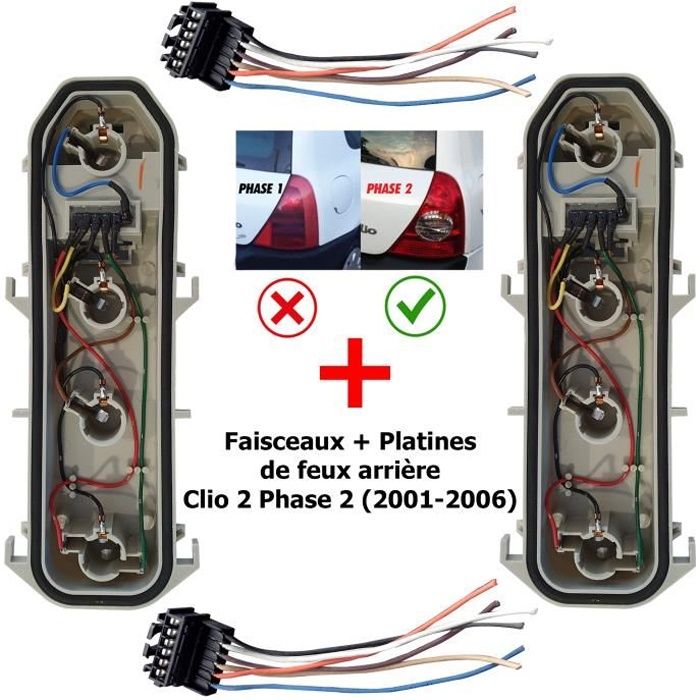 2 Platine Porte Ampoule Feu Arrière + 2 Connectique avec Fiche Electrique prévu pour pour Clio 2 Phase 2 (2001-2006)