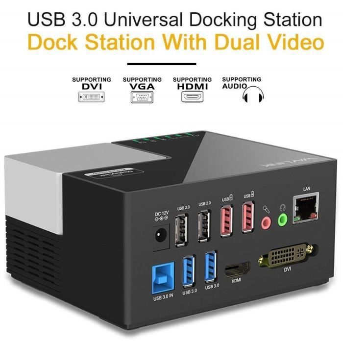 Station D'Accueil WAVLINK USB 3.0 Double Écran HDMI/DVI - 6 Ports USB, Ethernet Gigabit