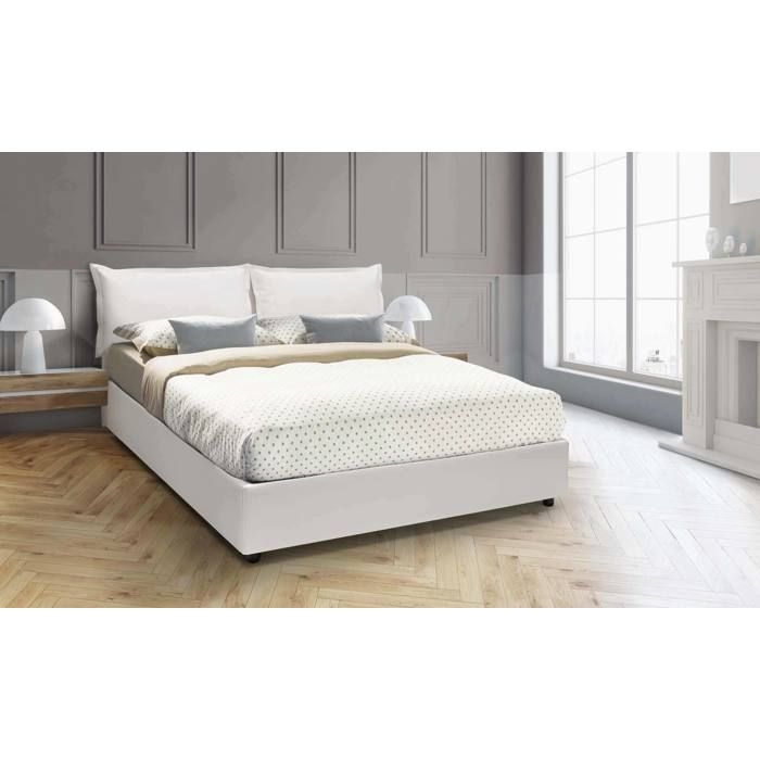 Dmora - Lit double Veronica 205x175h95 cm Blanc Panneau effet bois et Similcuir