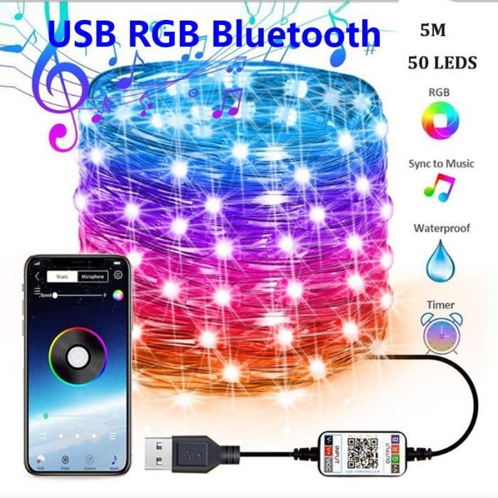 Bluetooth 5 m Guirlande lumineuse LED USB, fil de cuivre, rvb, commande  Bluetooth, lumières féeriques, décor - Cdiscount Maison