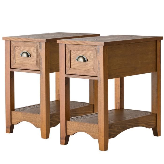 costway lot de 2 tables d'appoint avec tiroir, pieds en bois d'hévéa, 56x33x58,5 cm, bout de canapé rétro, brun fauve