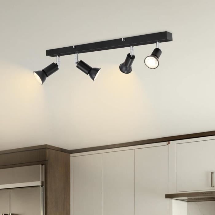 Plafonnier 4 Spots Orientables GU10 Noir - Ampoules 5W 3000K Incluses, Base LED, Inclinaison 90°, Pivot 350° - 14