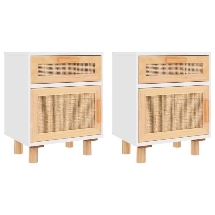 Table de chevet - ESTINK - 2pcs - Blanc - Bois de pin massif - Rotin naturel