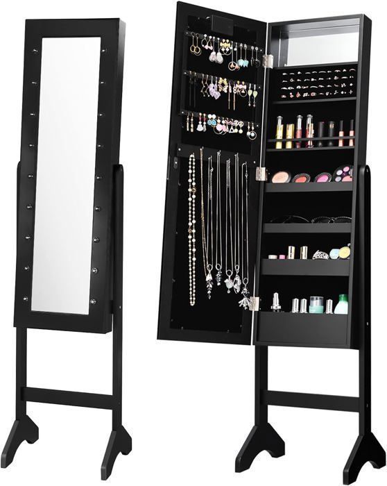 Armoire à Bijoux sur Pied GOPLUS - Miroir Plein Longueur & Lumières LED - Verrouillable Noir
