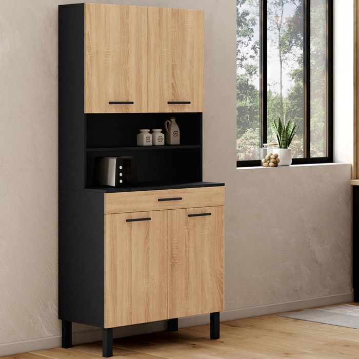 IDMARKET Buffet de cuisine 80 CM CINA 4 portes + tiroir noir et façon hêtre