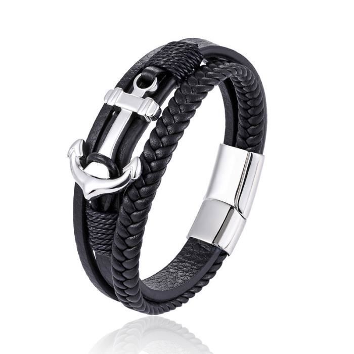Bracelet Homme en SimiliCuir Acier Inoxydable Ancre Noir Tressé Fashion Vintage 22cm - INSFITY