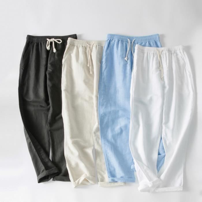 Pantalon Homme En Lin Léger – Taille élastique – Respirant – Avec Poches – 6 Couleurs – Taille L