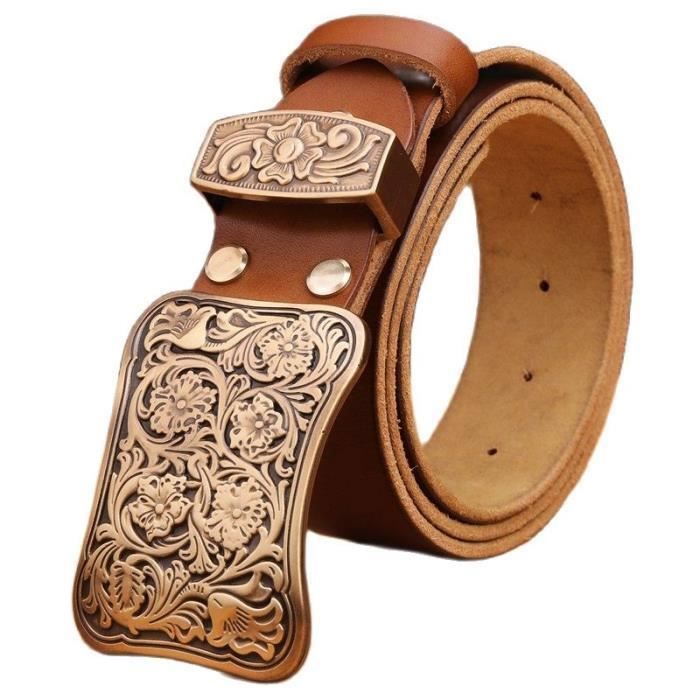 Ceinture Western Cowboy Vintage En Cuir Véritable Pleine Fleur - Taille 36 - Marron