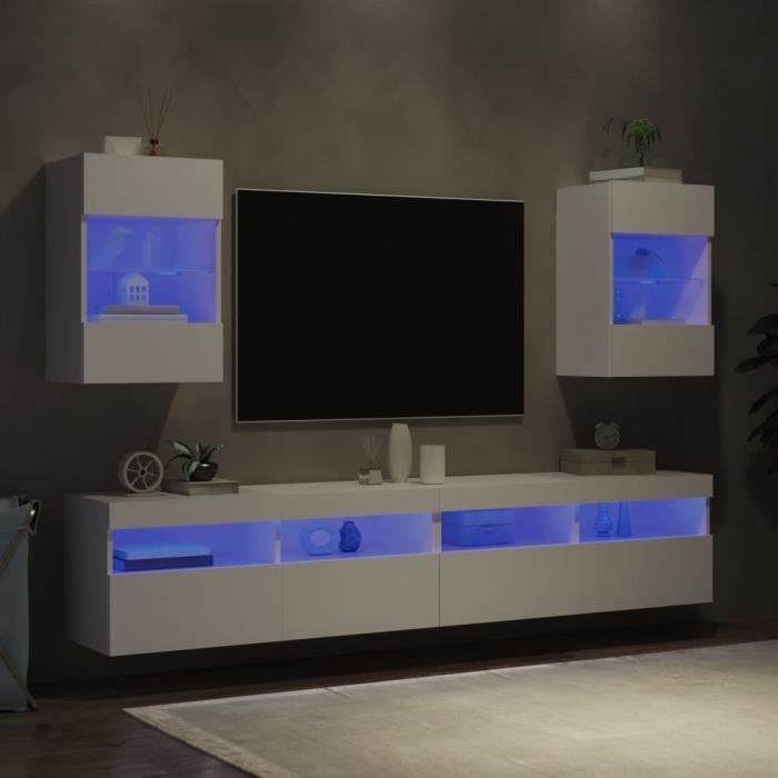 Meuble TV mural - MXZZAND - 2 pcs - Blanc - Bois dingénierie - Lumières LED RVB