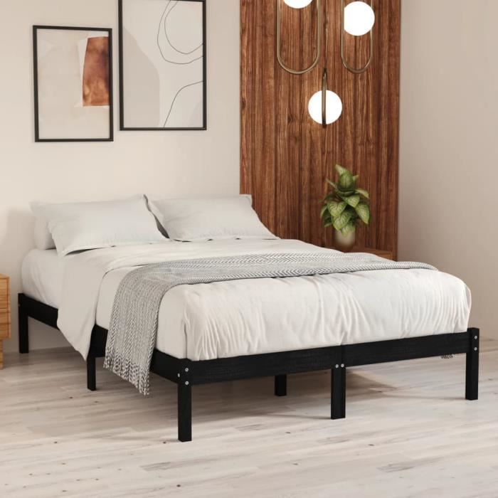 Lit adulte élégant en bois de pin massif noir - Cadre de lit 140x190 cm OVONNI
