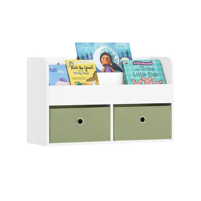 étagère murale kmb81-w sobuy pour jouets et livres à 2 niveaux avec 2 boîtes de rangement, blanc et vert, 60 x 20 x 36 cm