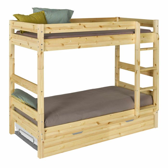 Lit superposé avec sommier gigogne Aaron Bois naturel 80x190 cm
