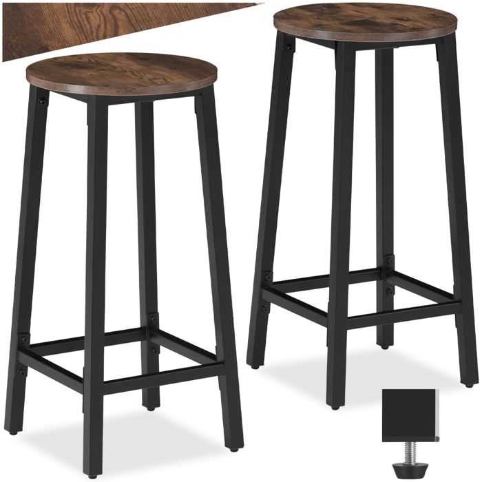 Tabouret de bar - TECTAKE - Lot de 2 tabourets de bar CORBY au style industriel en bois et acier avec repose-pieds - Bois foncé