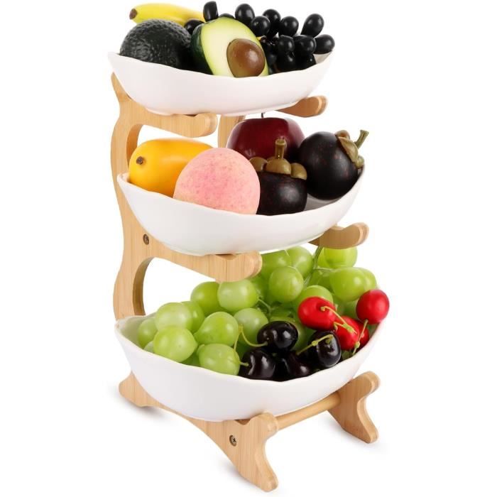 Présentoir à Fruits 3 étages En Bambou Naturel - Gain De Place Cuisine - Design Blanc