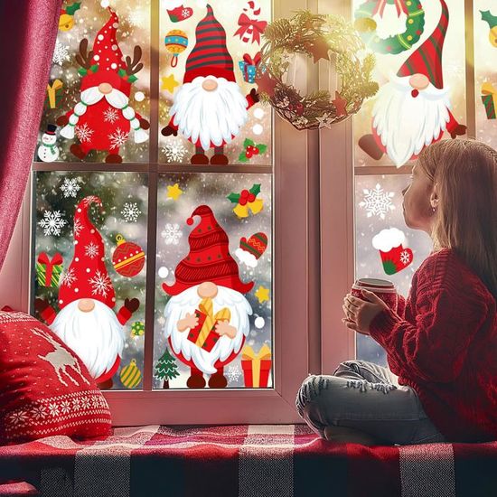 Lot De 9 Autocollants Fenêtre Noël Réutilisables En PVC - Décorations Festives Pour Maison Et École