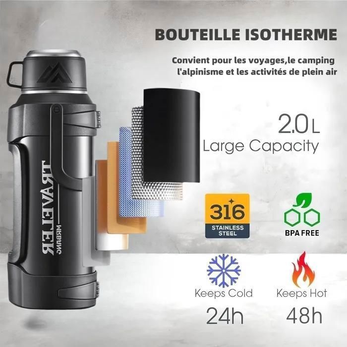 SOLARLAB Bouteille isotherme en acier inox - Gourde isotherme 1l - Sans BPA - Gourde d'eau convient aux boissons chaudes et froides, le sport, le camping(Macaron bleu Rose,1200ML