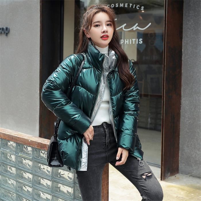 Doudoune Femme NY™ Vert Coton et Cuir brillant Style