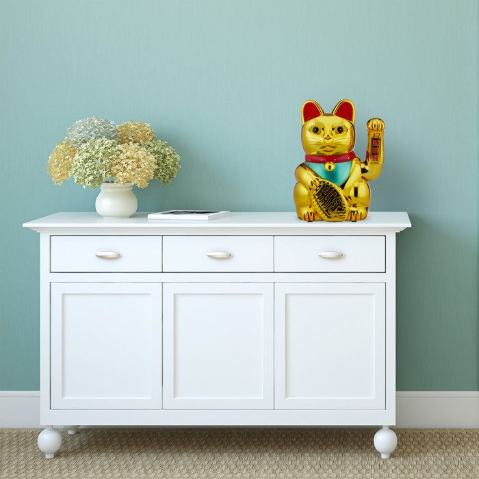 Maneki Neko Géant Doré 30 Cm - Chat Japonais Porte-Bonheur Patte Mobile à Piles - Symbole Richesse & Succès