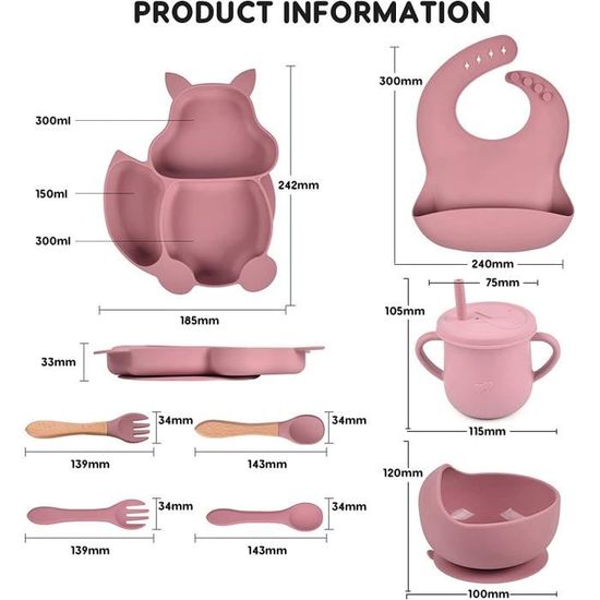 Assiette Bebe Inox CLDY Lot De 8 Assiettes Pour Bébé - En Acier Inoxydable - Bol Pour Enfant - Bavoir En Silicone - Gobelets D'apprentissage Avec
