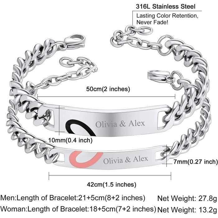 Custom4U Bracelet Couple Amoureux Pour 2 Personnalisable Avec Prénom,Gourmette Ensemble En Acier