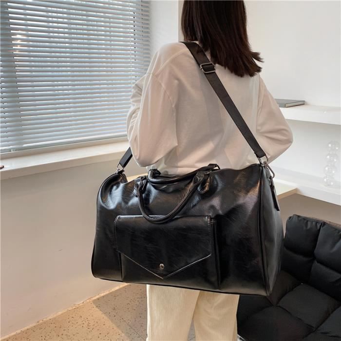 Sac de voyage noir Grand sac de sport en cuir PU pour femme sac de voyage