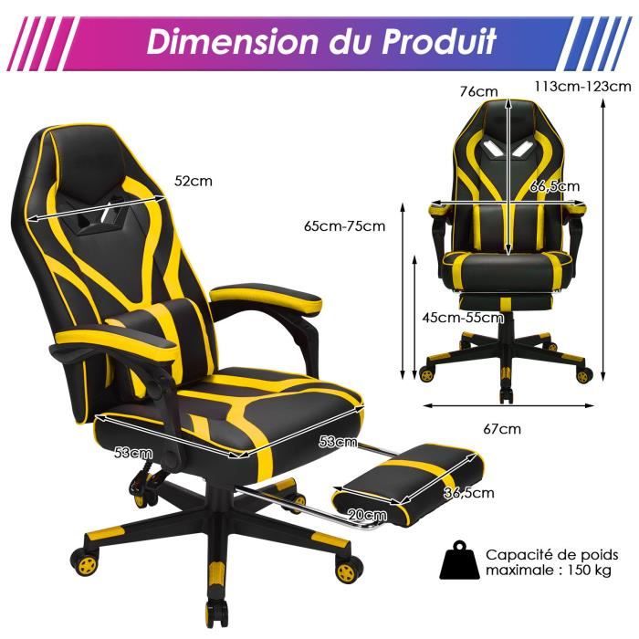 Fauteuil Gamer Incliable Pivotante Repose-pieds Coussin Lombaire