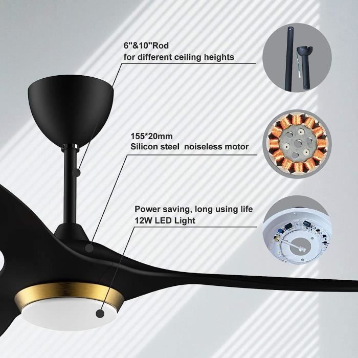 Ventilateur Design Bois Naturel Reiga Ventilateur Plafond LED 132 Cm - Moteur DC Silencieux - 6 Vitesses - Connecté Alexa/Google - Pales Bois Ventilateur Led 132cm