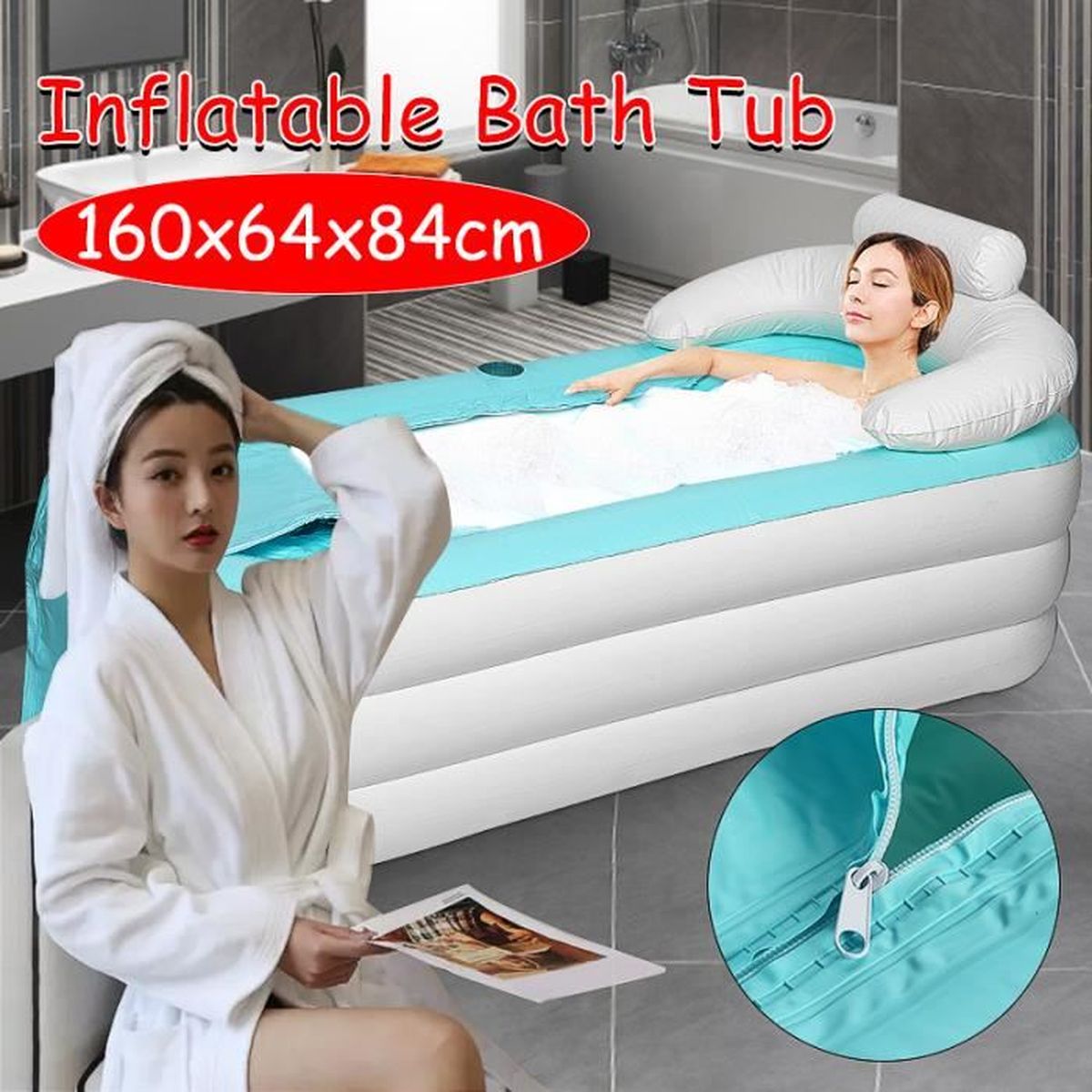 Baignoire Gonflable Spa Adulte 1.3m ROMOZ - Pompe à Pied Incluse, Dossier Et Accoudoirs, Bleue