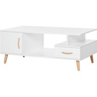 Table basse rectangulaire design scandinave 100L x 50l x 40H cm niche + tiroir & placard bois massif pin panneaux particules blanc