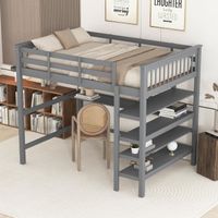 Lit mezzanine enfant MISNODE 140x200cm -Avec bureau, étagère de rangement en bois massif et escalier,bois naturel,berceau, gris