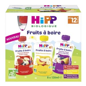 BOISSONS FRUITÉES Hipp Bio Fruits à Boire Gourde Multipack 3 Variétés +12m Lot de 8 x 120ml