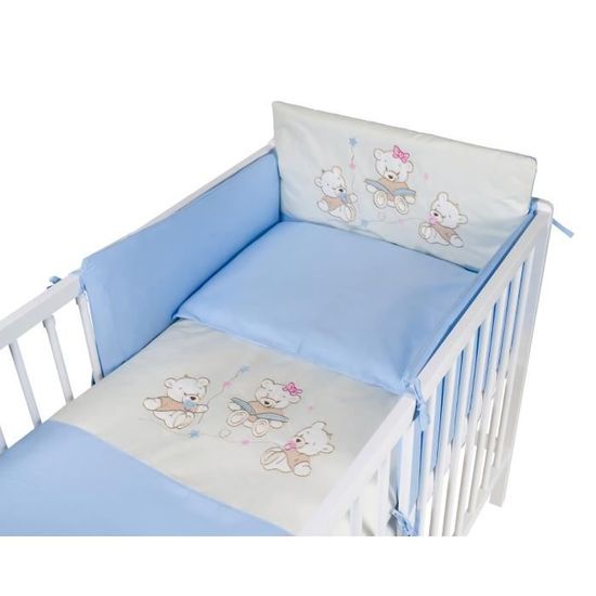 TOMI - Parure pour lit Bébé 60x120 cm "Trois oursons" couleur Bleue - Housse de couette, taie d'oreiller, tour de lit.