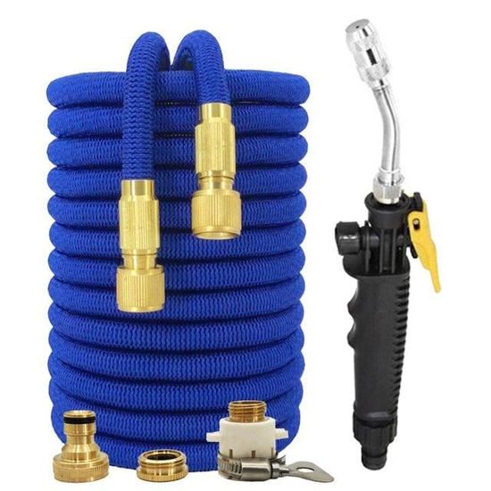 Tuyau Arrosage Extensible 15m - S'étire Jusqu'à 50ft, 10 Buses, Raccords Laiton, Pour Jardin, Lavage Voiture