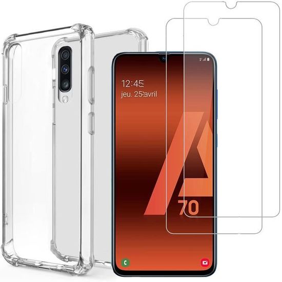 Coque Transparente Galaxy A70 + 2 Verres Trempés - Housse Slim, Anti-choc, Clip
