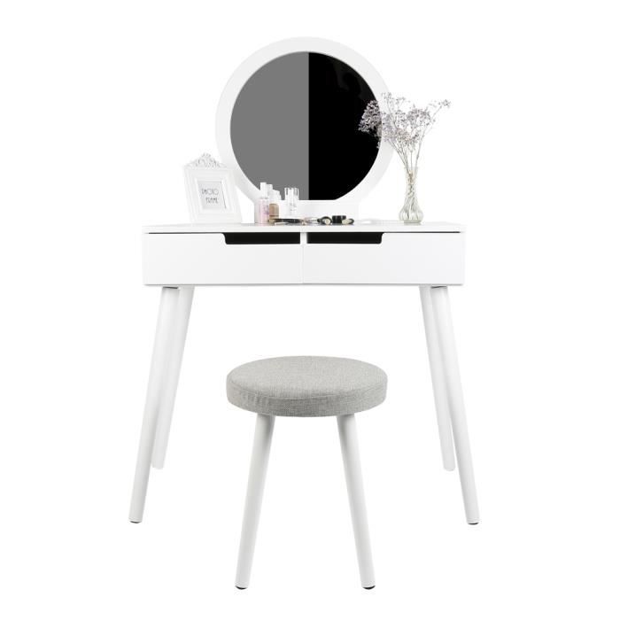 Keisha Coiffeuse 80×40×128 CM - Table de maquillage blanc avec miroir Rond - Style champêtre