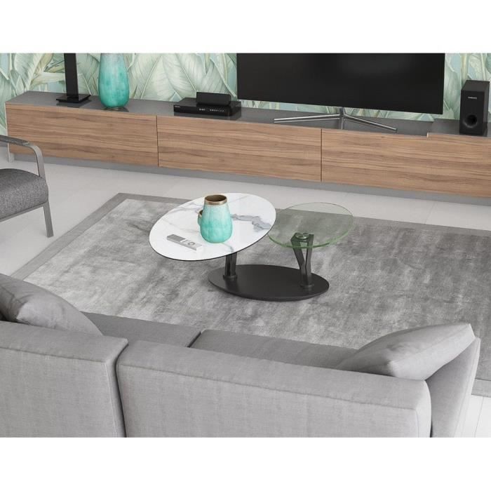 Table basse 2 plateaux pivotants ovales - céramique marbre et verre - L95 x P60 x H43 cm