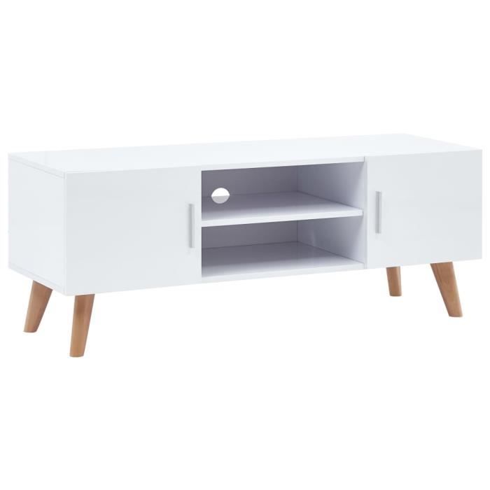 Meuble TV Moderne - Décor MDF Brillant Blanc - Pieds en Bois - 120 x 40 x 46 cm