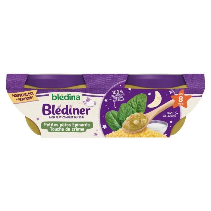 Blédina Blédîner, Repas pour bébé dès 8 Mois, Petites Pâtes Epinards Crème, 2x200g