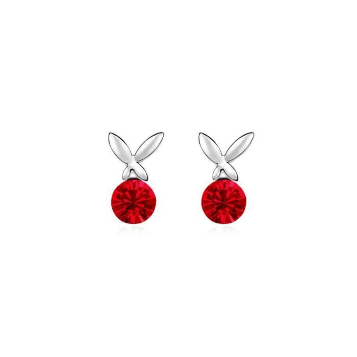Boucles d'oreilles Papillon en Cristal de Swarovski Element Rouge et Plaqué Or Blanc