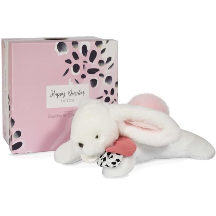 Doudou et Compagnie - Peluche Lapin - 25 cm - Lapin Pompon Blanc/Rose - Happy Blush - Jolie Boîte Cadeau - Happy Doudou To You