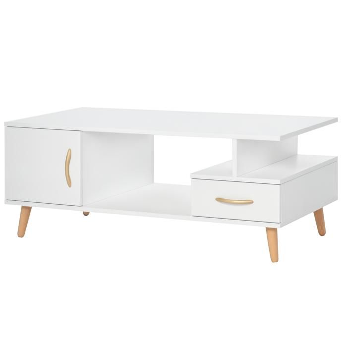 Table basse rectangulaire design scandinave 100L x 50l x 40H cm niche + tiroir & placard bois massif pin panneaux particules blanc