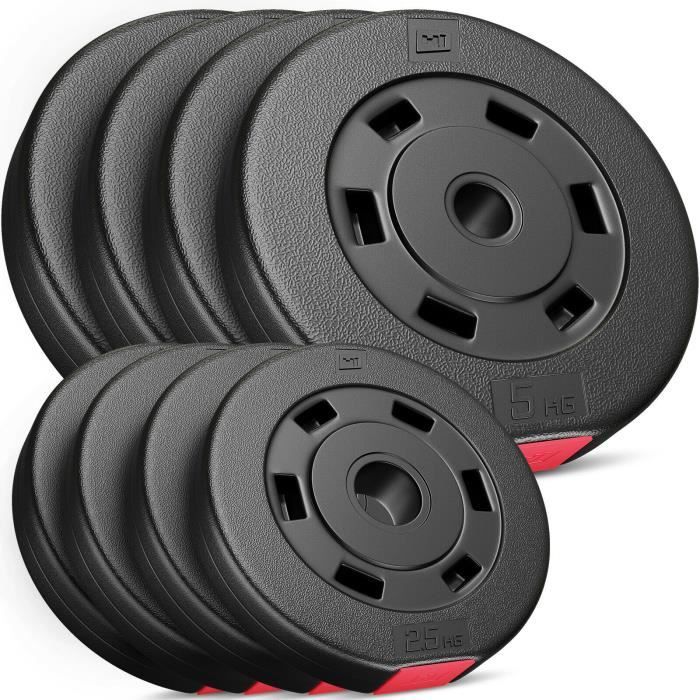 Hop-Sport Disques de Poids en Plastique 30 kg, alésage 31 mm, pour Barre d'haltères 30 mm, Musculation (4x5kg, 4x2,5kg)