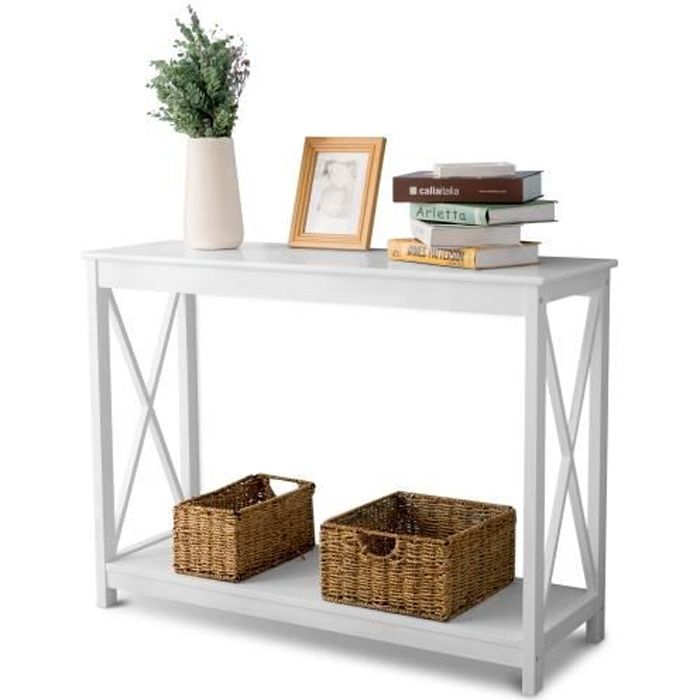 Table de Console Bureau design industriel avec étagère BLANC 107x38x80cm