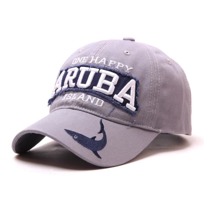 Casquette de base-ball Lettre brodée ARUBA pour Homme Femme Requin Chapeau de parasol de sports de plein air Gris