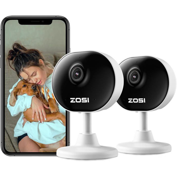 ZOSI Pack de 2 Caméra Surveillance Intérieure WiFi sans Fil Détection de Personne Audio Bidirectionnel Vision Nocturne Stockage sur CarteCloud Connexion Rapide Fonctionne avec Alexa C688