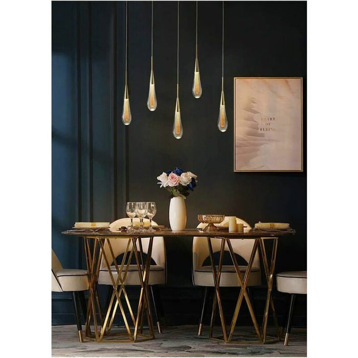 Suspension à LED lustre créatif en verre en forme de goutte deau plafonnier à LED en verre doré moderne pour chambre à coucher