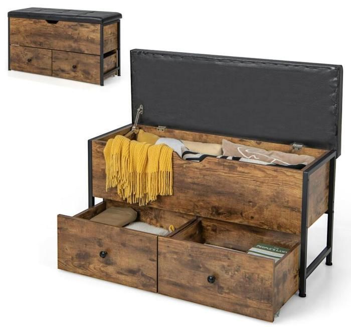 Tabouret de Rangement - RELAX4LIFE - 2 Tirroirs Détachable - Coussin dAssise - Banc de Rangement - Roulettes Lisses - Charge 150KG